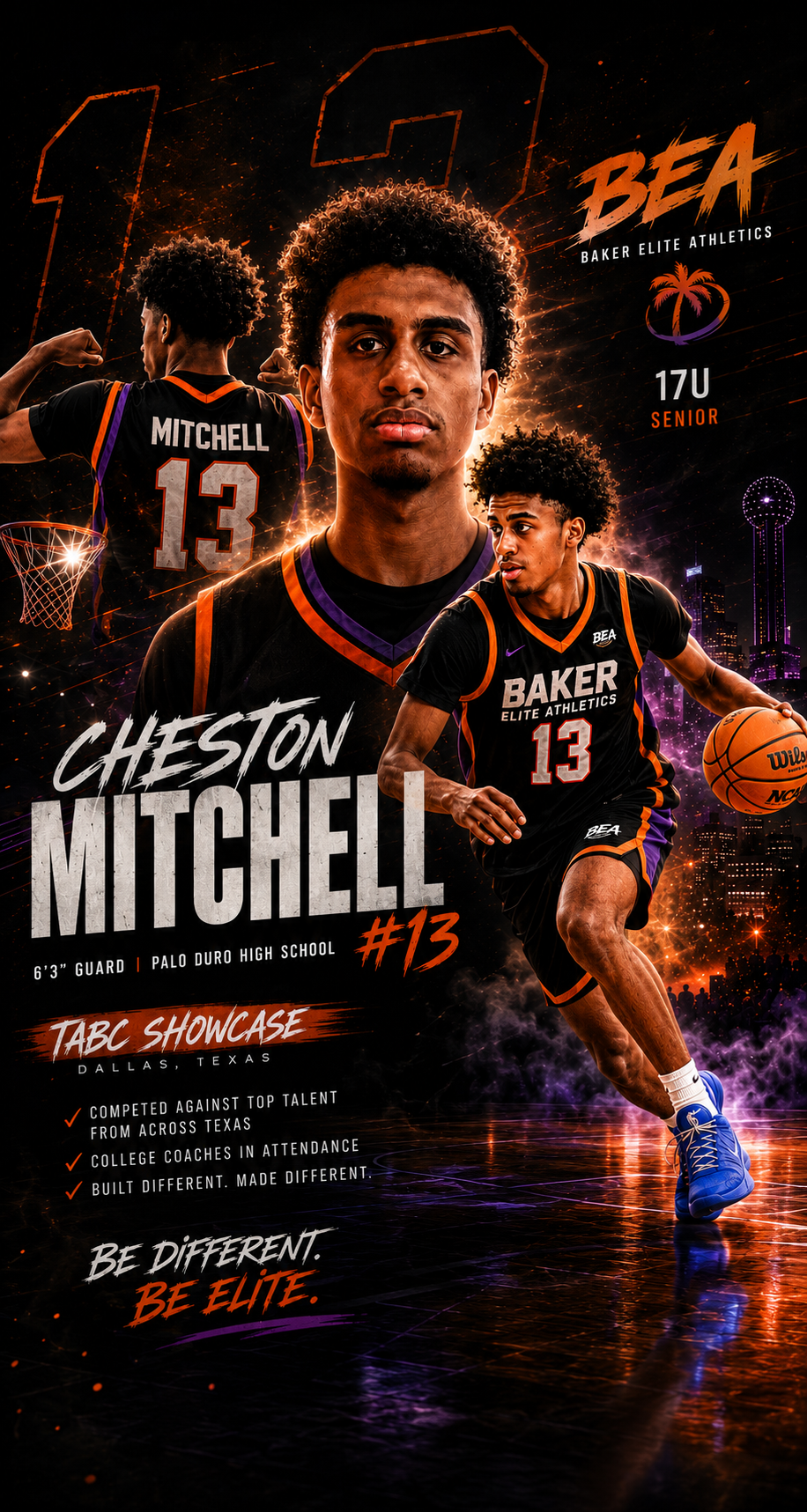 Cheston Mitchell, number 13, featured as a BEA 17U senior guard
