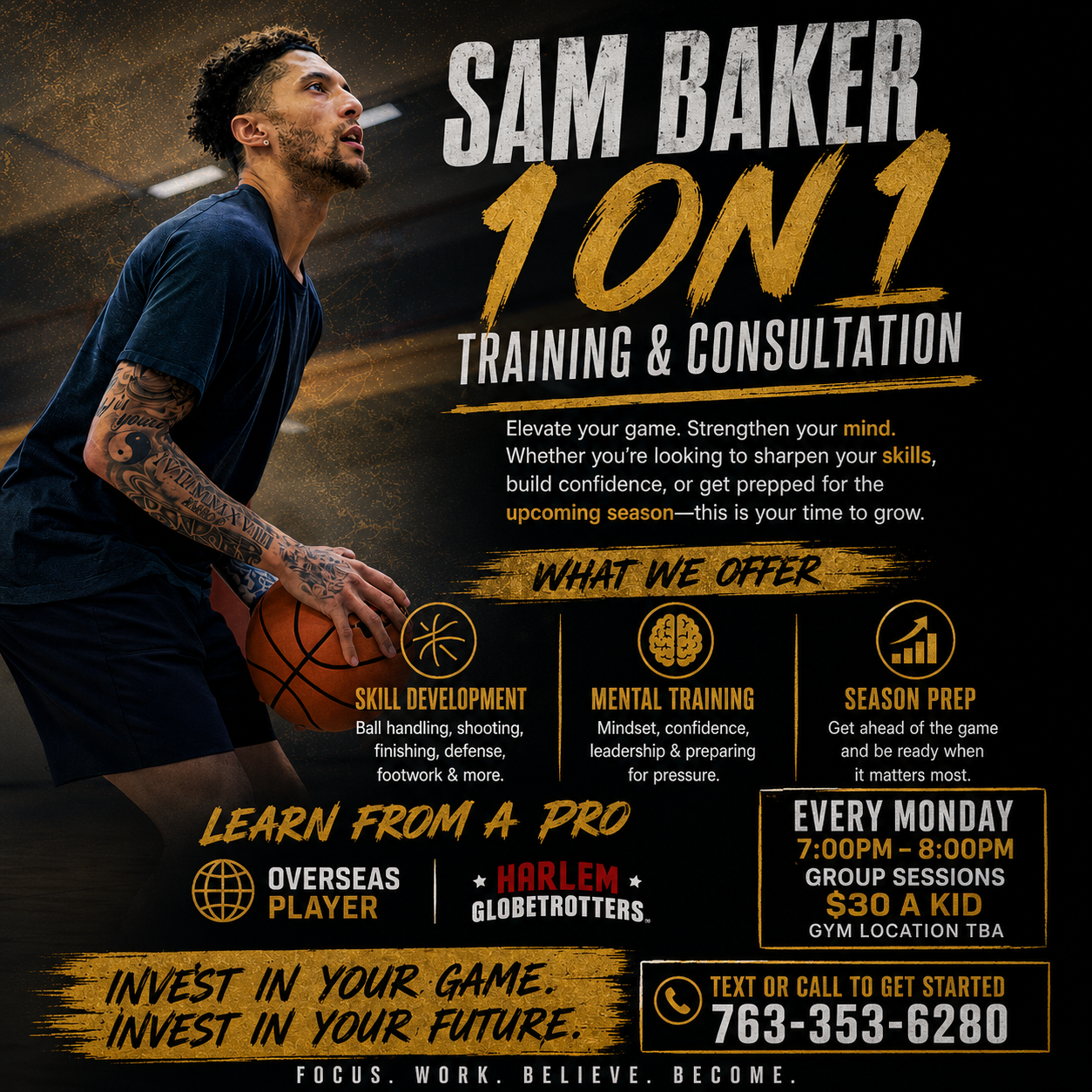 Sam Baker one-on-one training and consultation flyer with skill development, mental training, and season preparation information